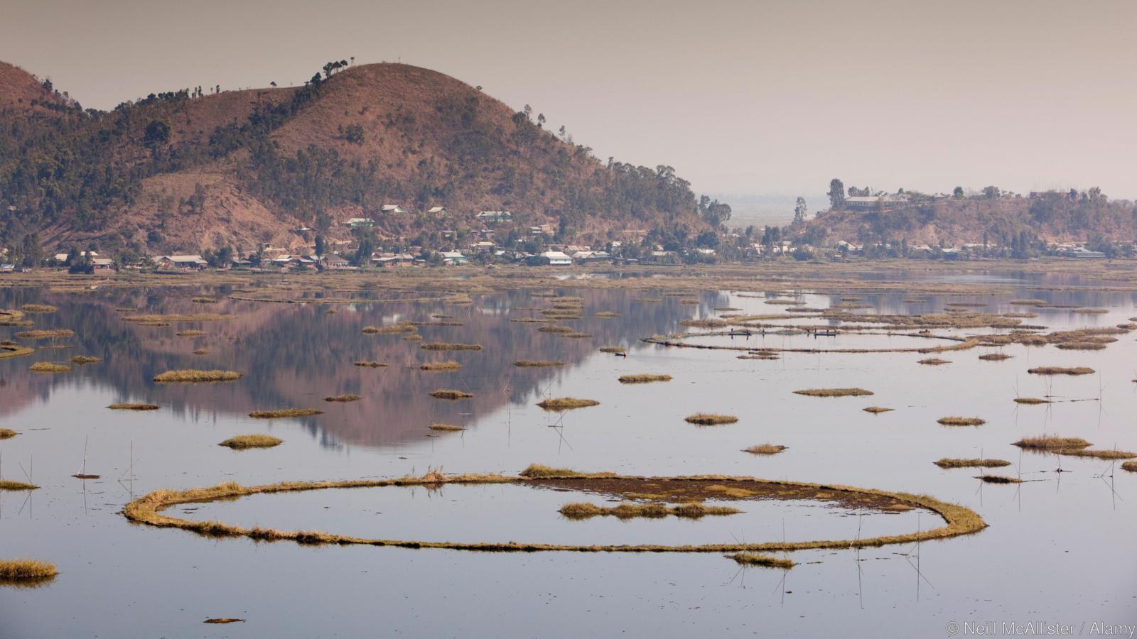 India, Manipur, Imphal, Loktak Lake, circular floating islands crated from water hyacinth weeds