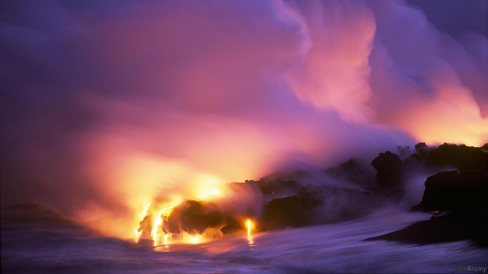 Kilauea Flowing into the Sea Hawaii Volcanoes National Park Big Island of Hawaii. Image shot 2000. Exact date unknown.
